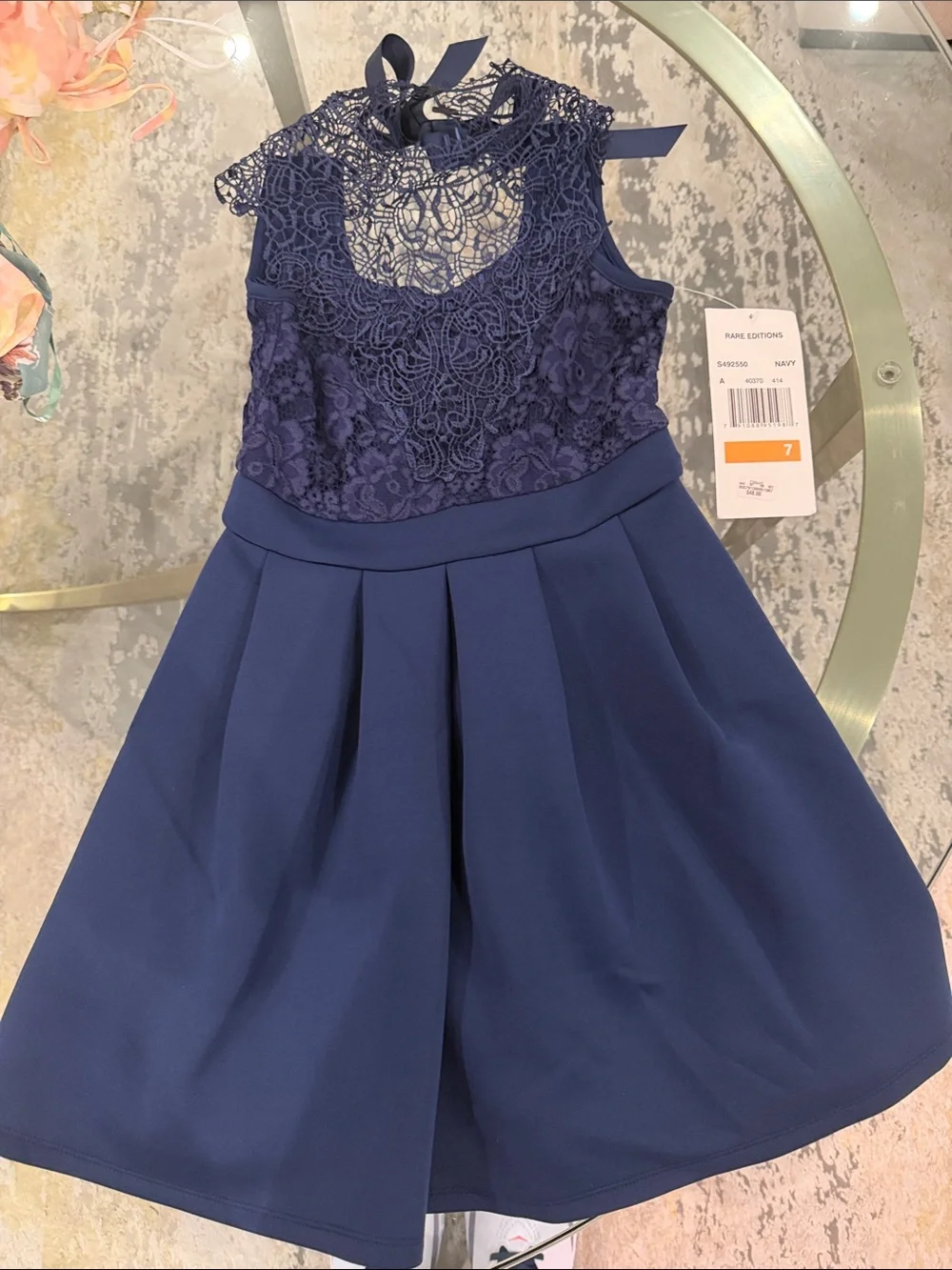 Rare Editions Navy Lace Bodice Pleated Skirt Dress